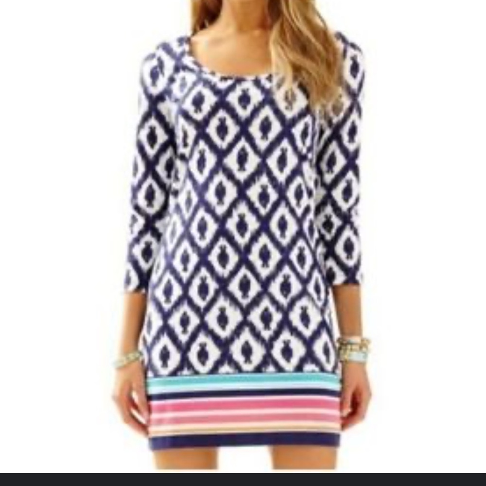 Lilly Pulitzer White and Blue Graphic Tunic Dress 3/4 Sleeve Beacon dress